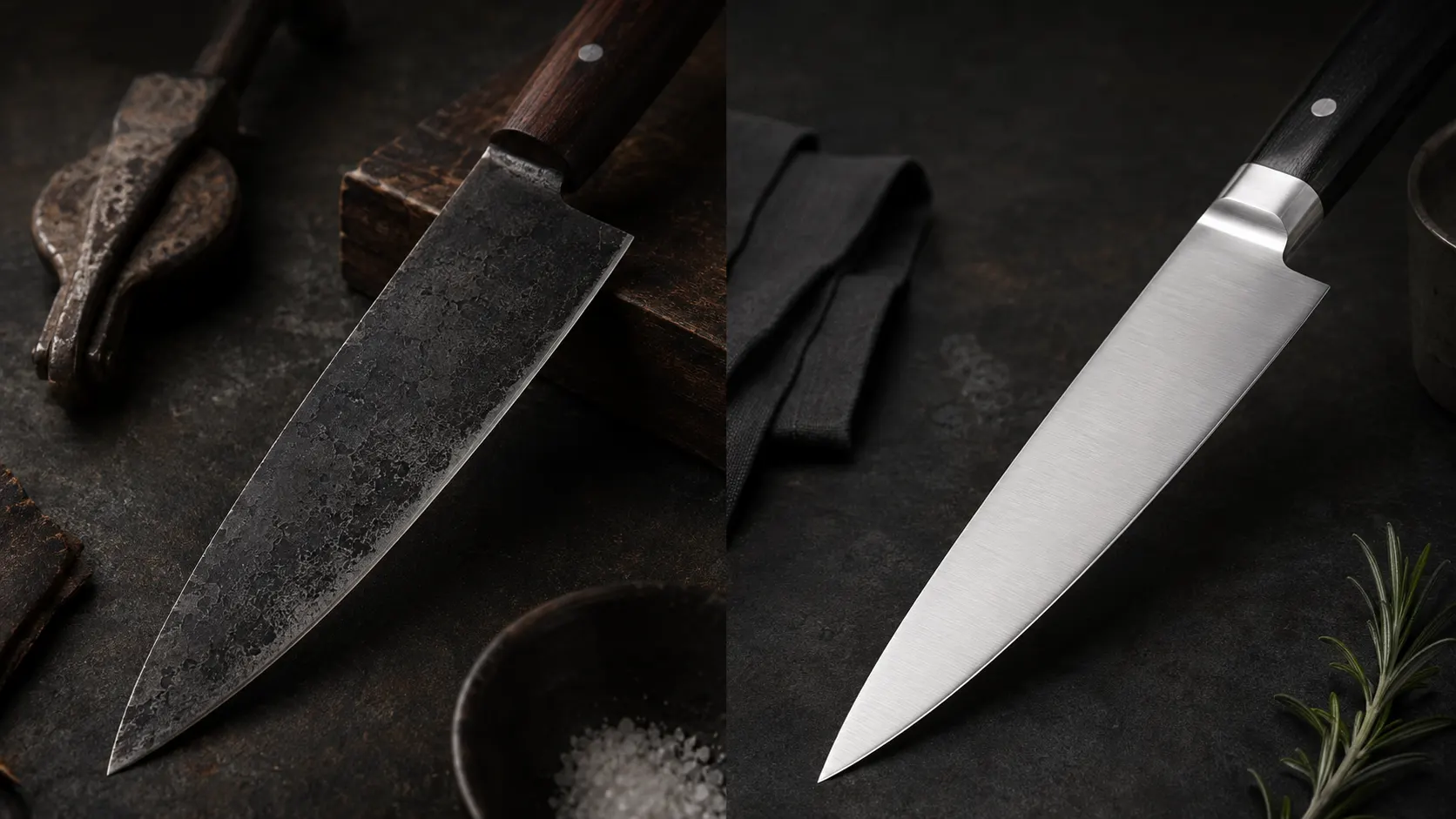 Comparación entre cuchillo de acero al carbono con pátina y cuchillo inoxidable moderno